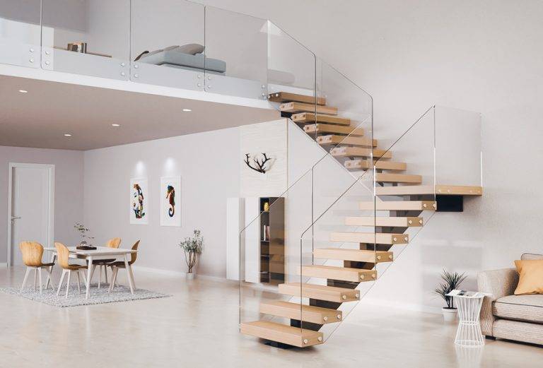 Floating stairs with glass railing